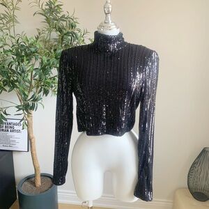 ZARA Trafaluc Black Sequin Cropped Turtleneck Top S NWT